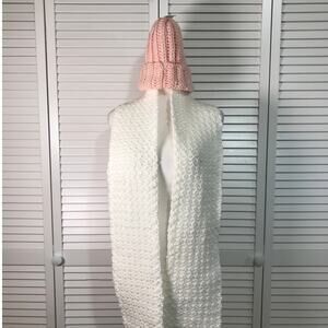 NWT Handmade Crocheted Pink White Textured Beanie Scarf 68”